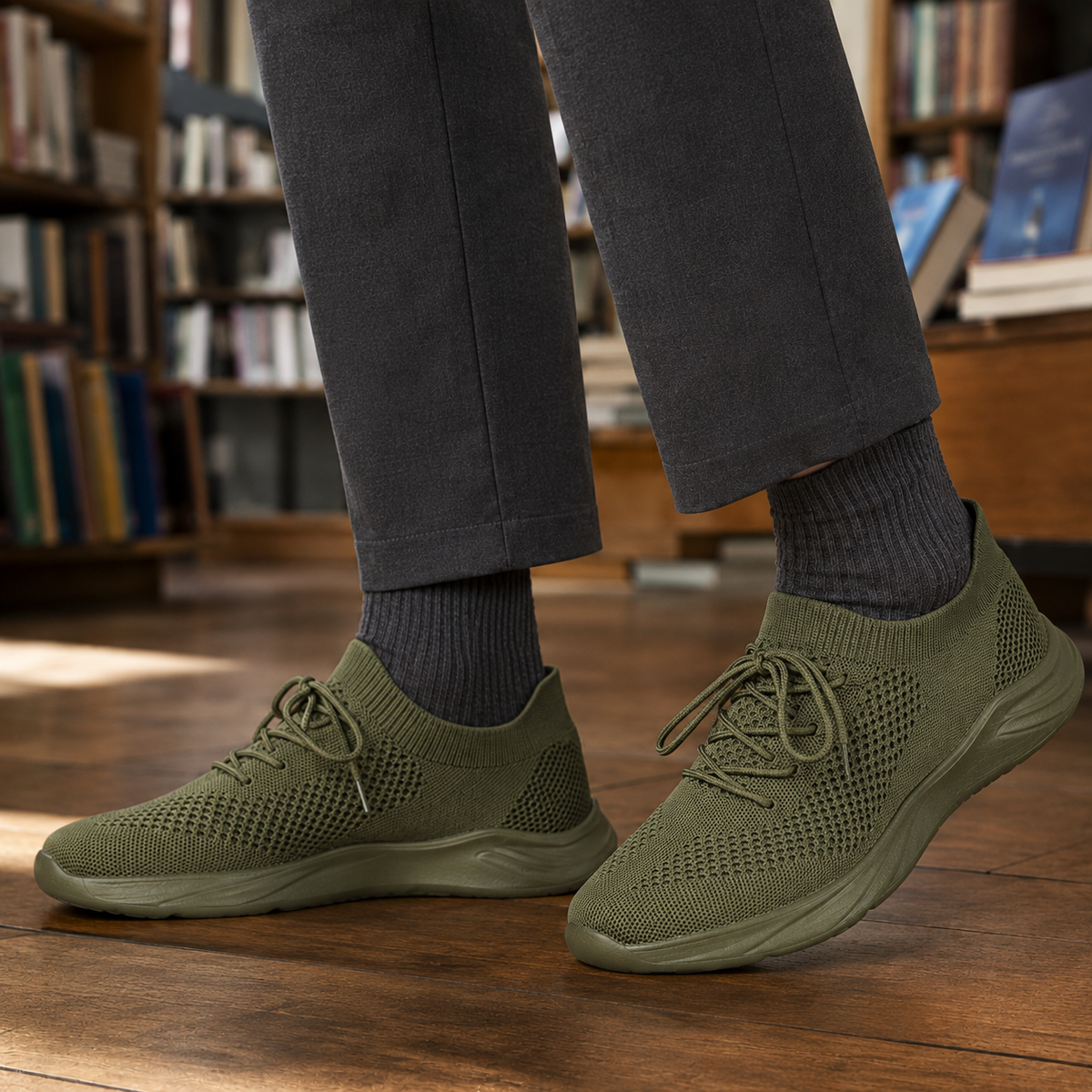 Front view of men's knit sneakers showing the rounded toe and secure lace-up closure