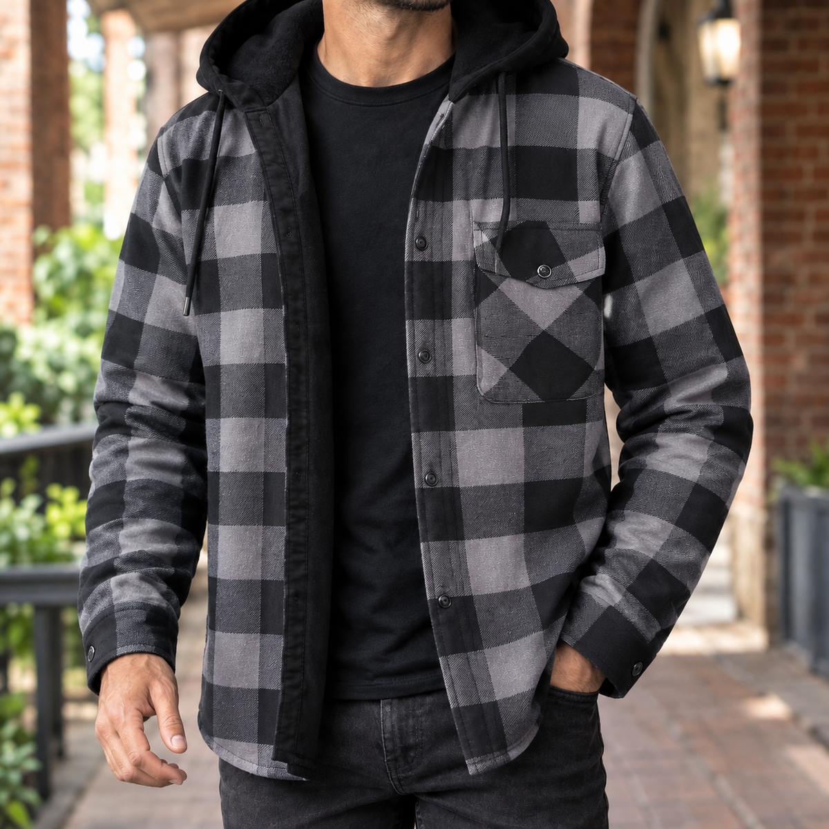 Close-up of the brushed denim texture and plaid pattern