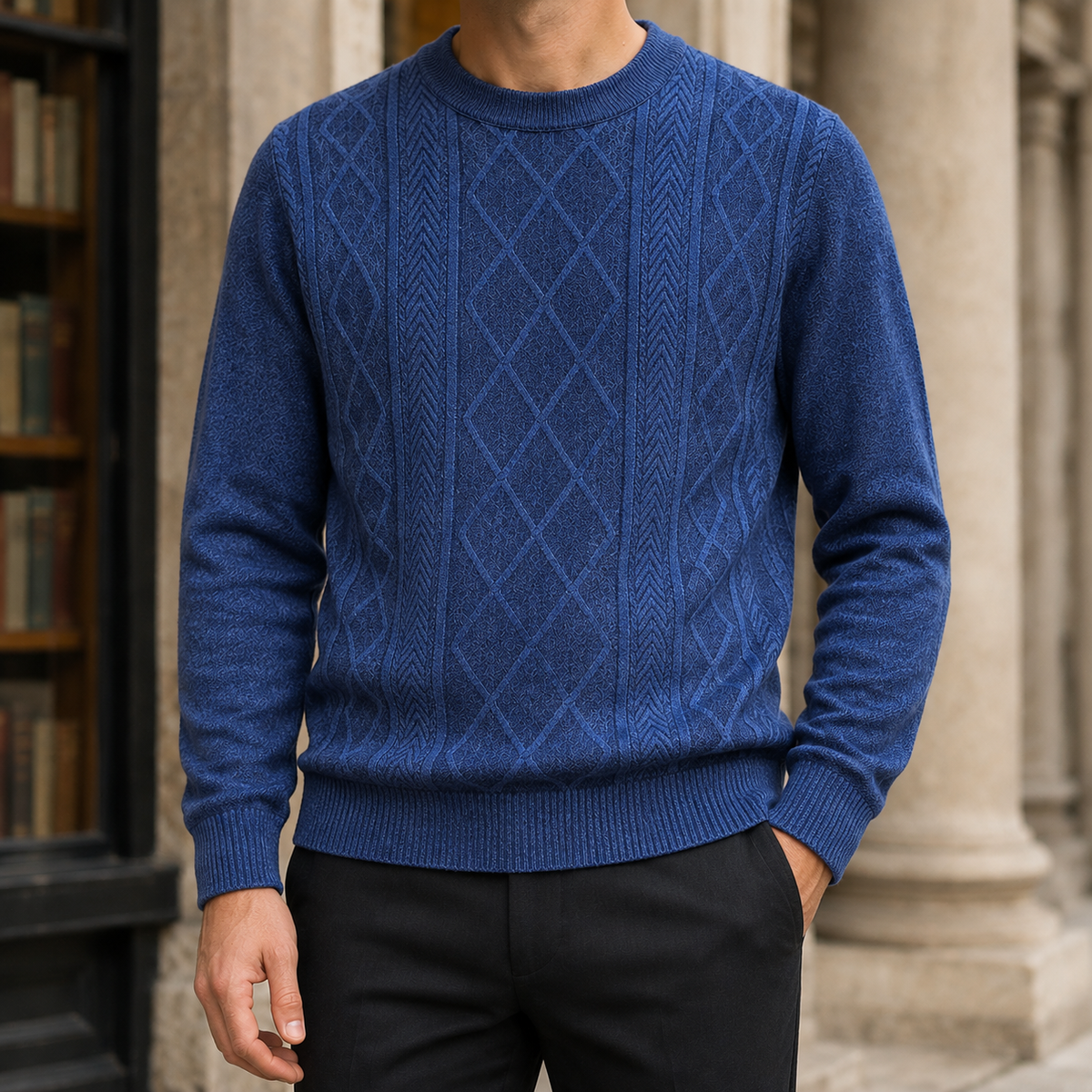 Long sleeve detail on the textured men's crew-neck sweater
