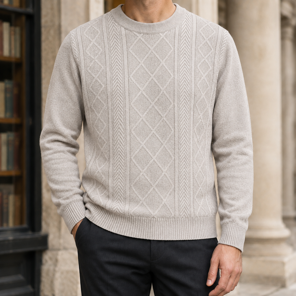 Back view of the men's textured crew-neck sweater