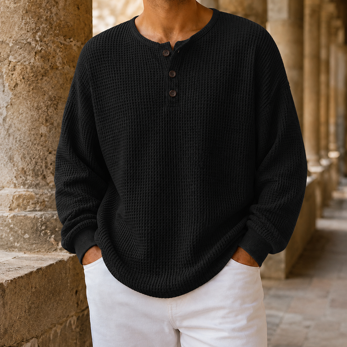 Men's waffle knit Henley sweater shown from the back