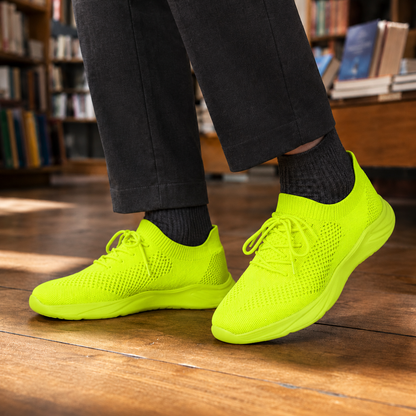 Rear view of men's knit sneakers highlighting the heel structure and knit upper