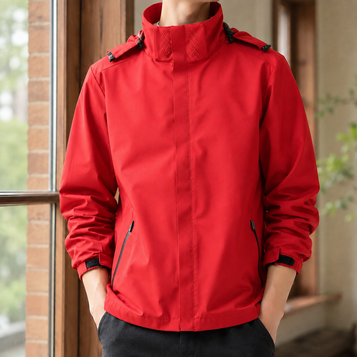 Back view of the men's hooded jacket and hood