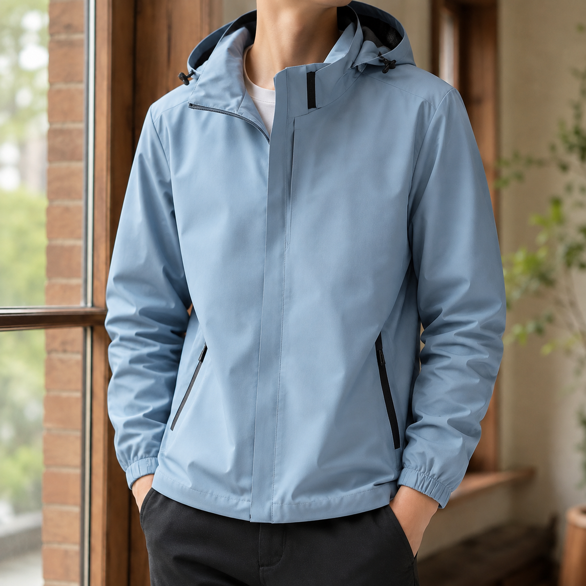 Men's hooded jacket styled as an everyday outerwear layer