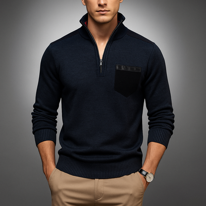 Men's cardigan displaying the zip-through neck design