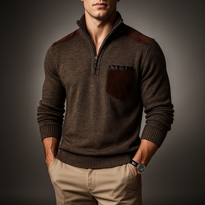 Side view of a men's ribbed cardigan with long sleeves