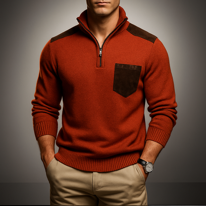 Men's cardigan shown with the zip-through neck partially open