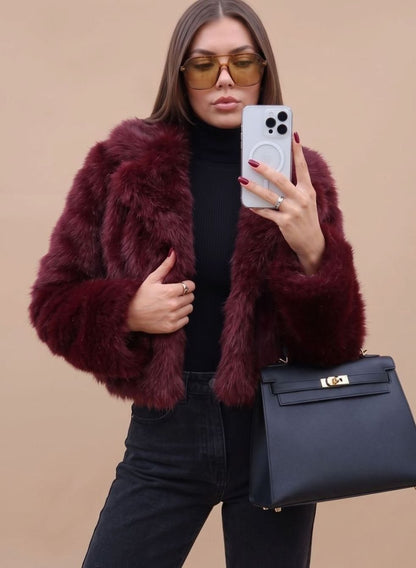 Kunstpelzmantel Damen Kurz Tailliert Flauschig Warme Winterjacke