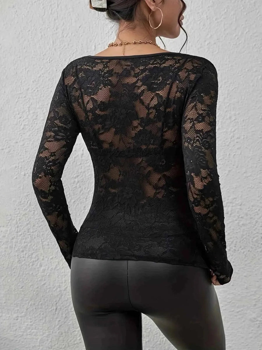 Top Damen | Transparentes Spitzen-Longsleeve mit Herzausschnitt
