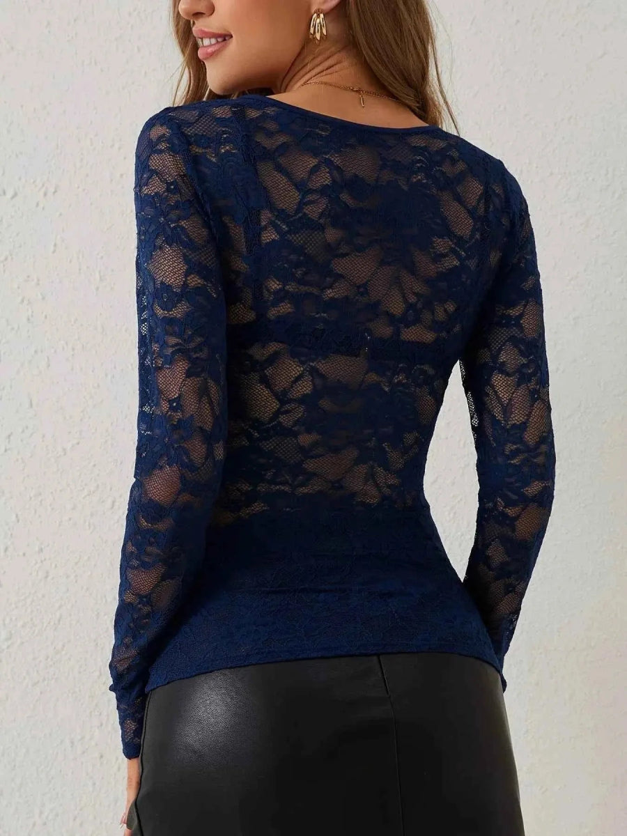 Top Damen | Transparentes Spitzen-Longsleeve mit Herzausschnitt