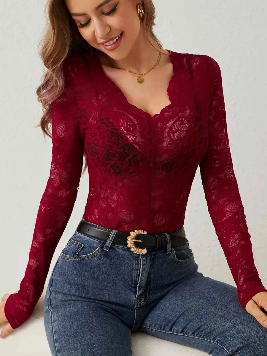 Top Damen | Transparentes Spitzen-Longsleeve mit Herzausschnitt