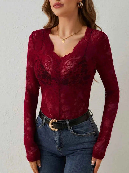 Top Damen | Transparentes Spitzen-Longsleeve mit Herzausschnitt