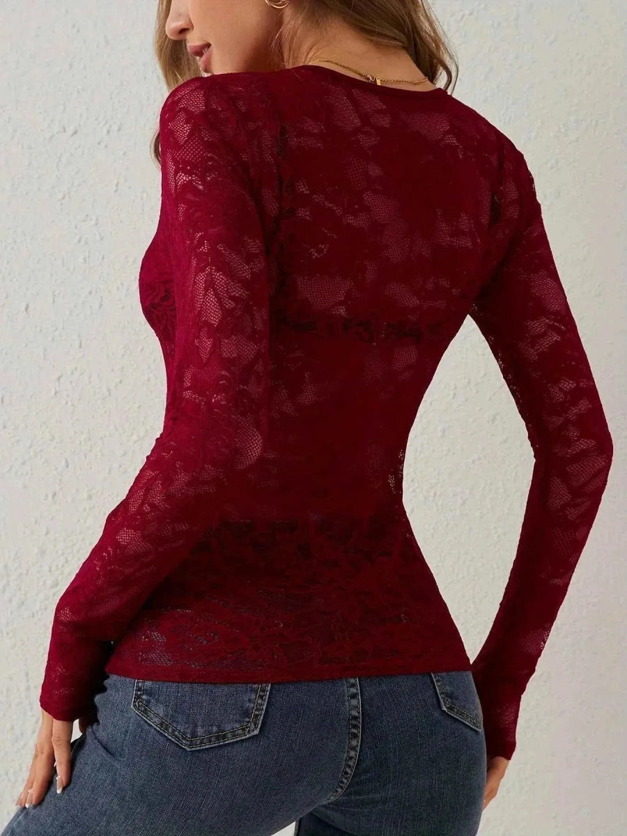 Top Damen | Transparentes Spitzen-Longsleeve mit Herzausschnitt