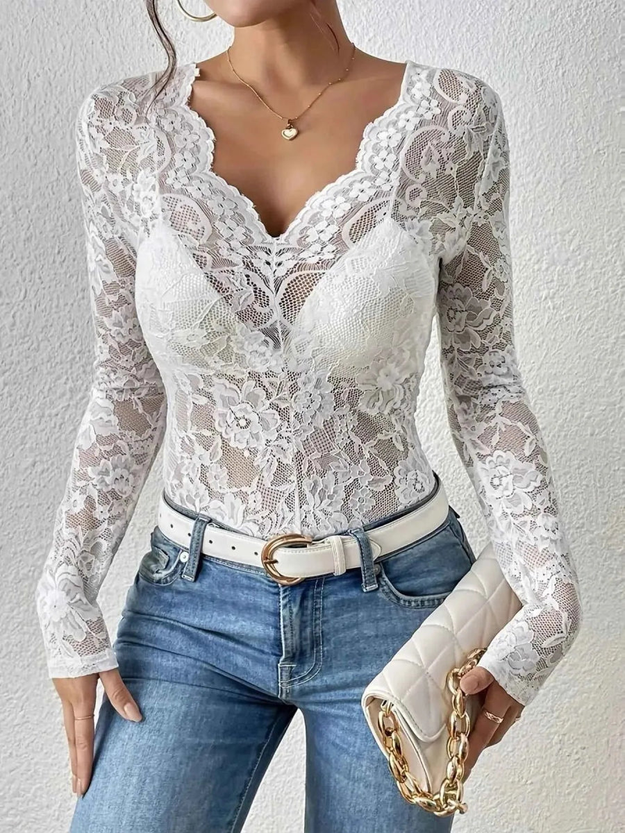 Top Damen | Transparentes Spitzen-Longsleeve mit Herzausschnitt