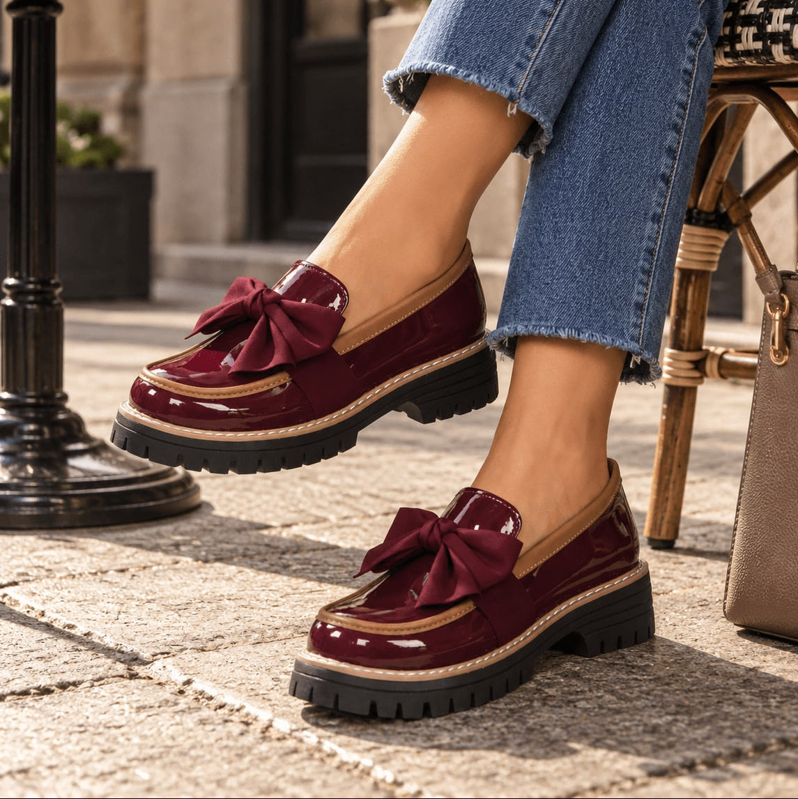 Damen Loafer Schleife Slip-on Profilsohle Glänzend Schuhe 3