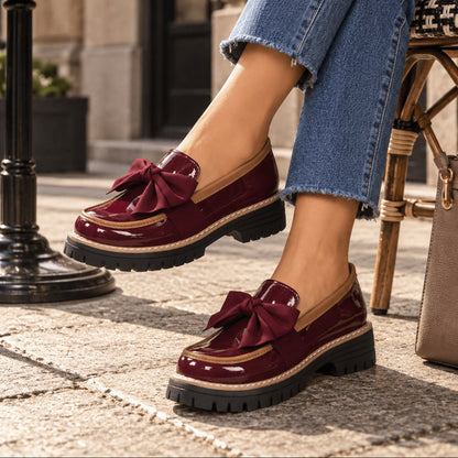 Damen Loafer Schleife Slip-on Profilsohle Glänzend Schuhe 3