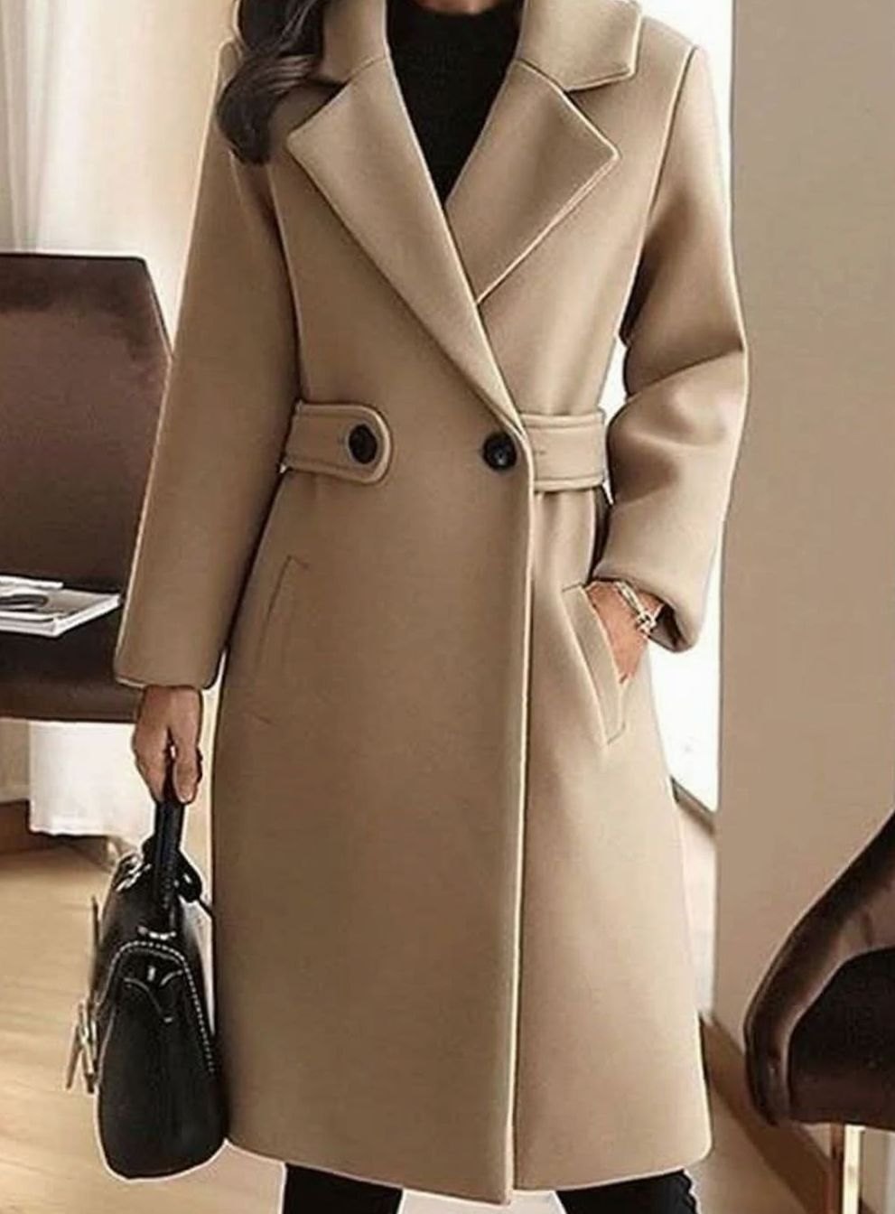Mantel Damen Klassischer Woll-Trenchcoat Langer Eleganter Wintermantel - Beige