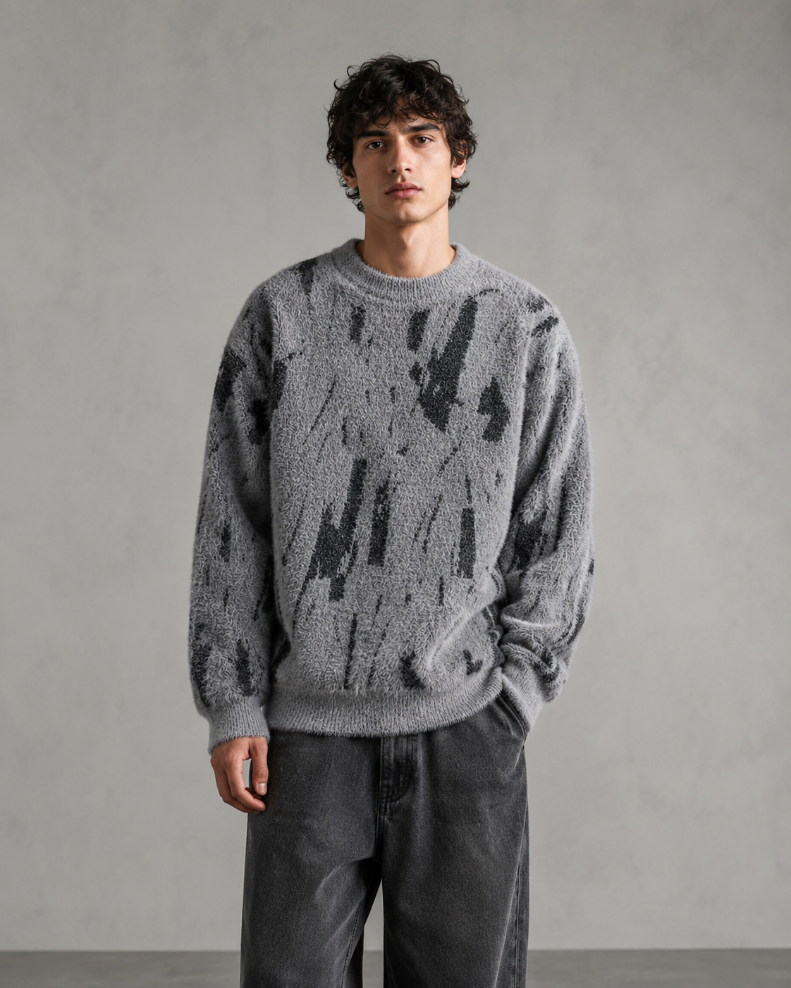 Full view of the abstract sweater showing its long sleeves