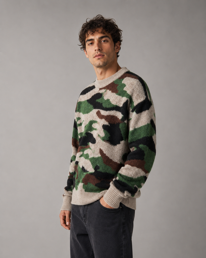 Men's camouflage knit sweater with a relaxed crew neck