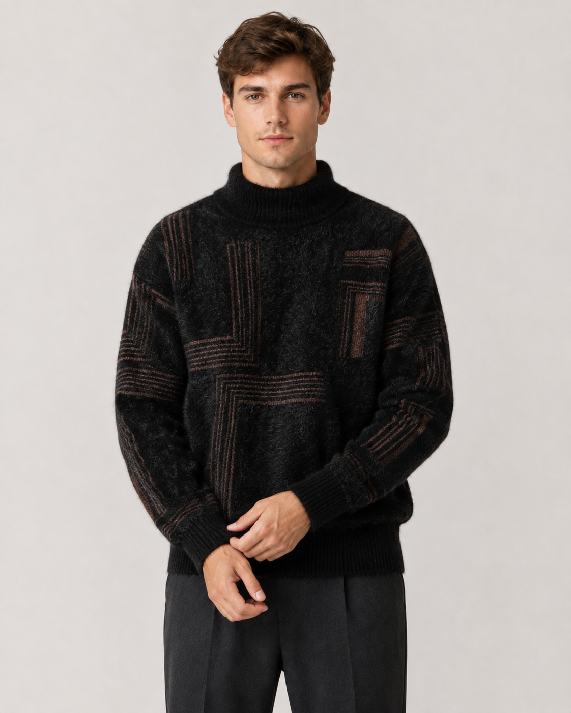 Close-up of the sweater's soft brushed knit fabric