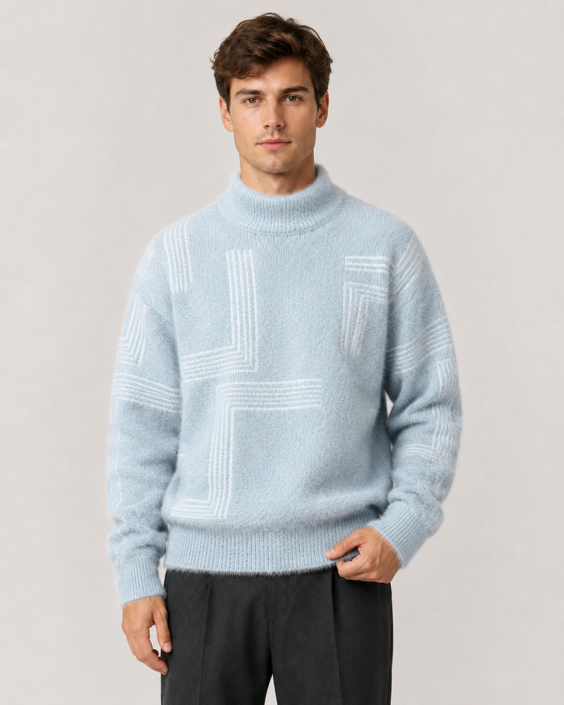 Men's relaxed-fit funnel neck sweater shown from the side