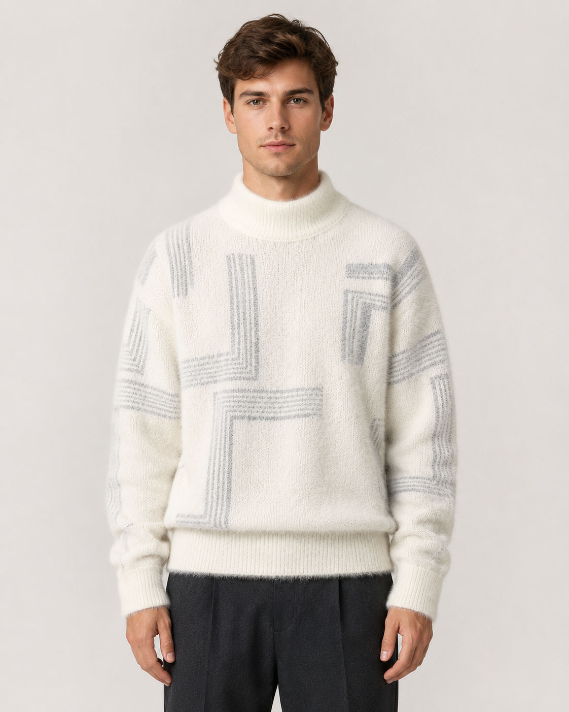 Back view of the men's brushed knit funnel neck sweater