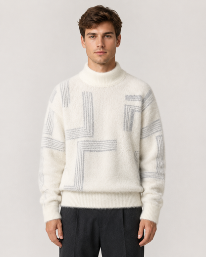 Back view of the men's brushed knit funnel neck sweater