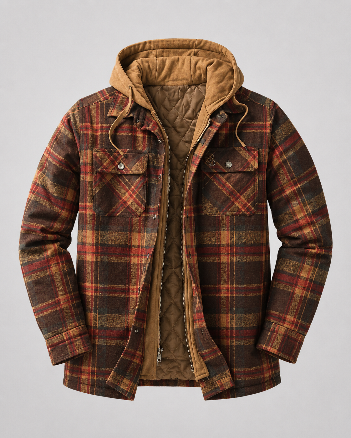 Men's hooded plaid shacket displayed as a versatile outerwear piece