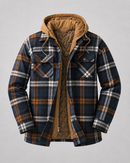 Detail of the quilted lining inside the men's hooded shacket