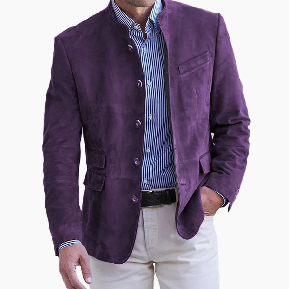 Close-up of the stand collar and button details on a suede blazer