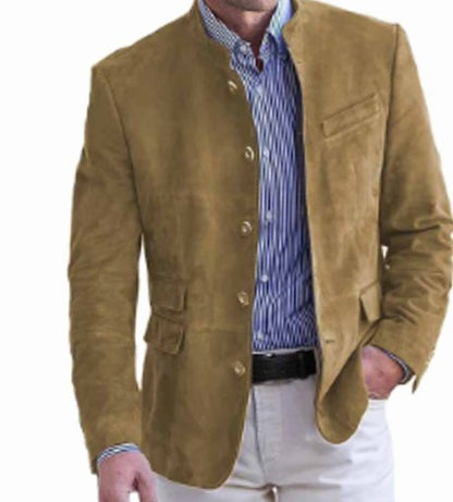 Men's suede blazer styled as a polished layered outfit