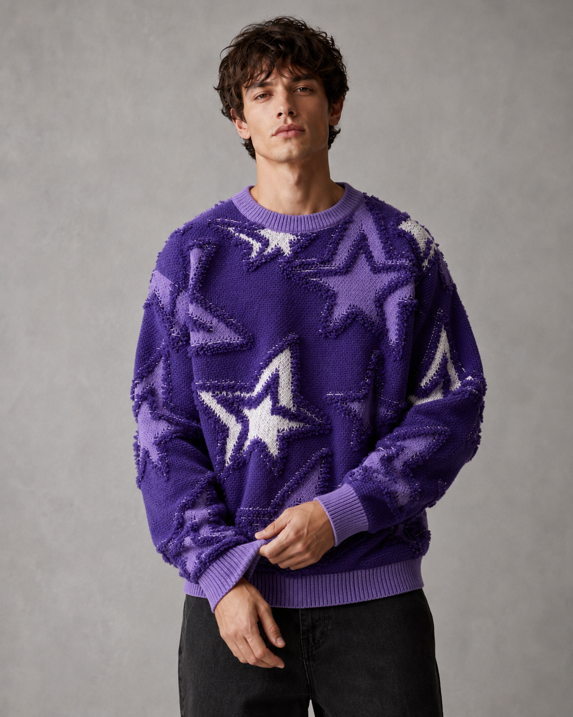Textured star knit sweater paired with a casual everyday outfit