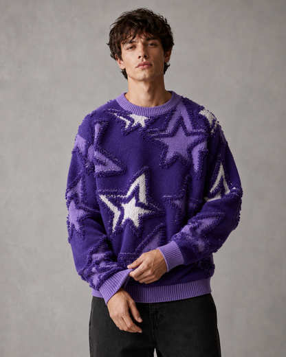 Textured star knit sweater paired with a casual everyday outfit