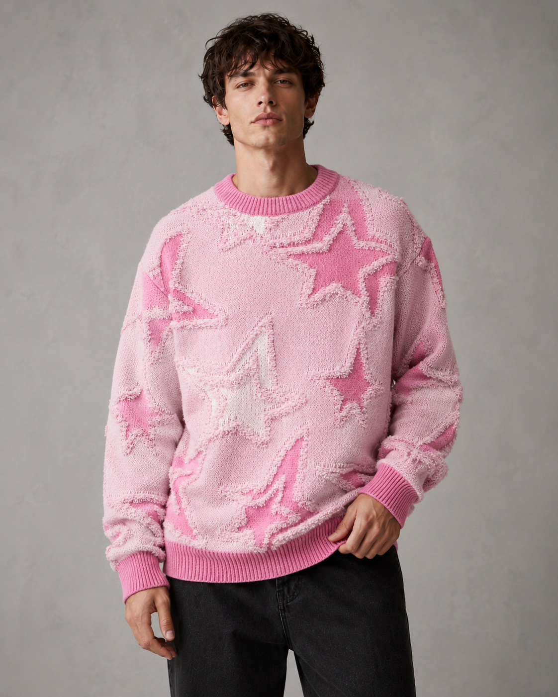 Front view of a men's sweater featuring a textured star knit motif
