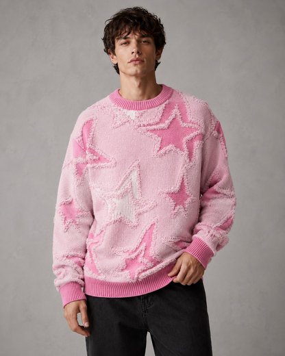 Front view of a men's sweater featuring a textured star knit motif
