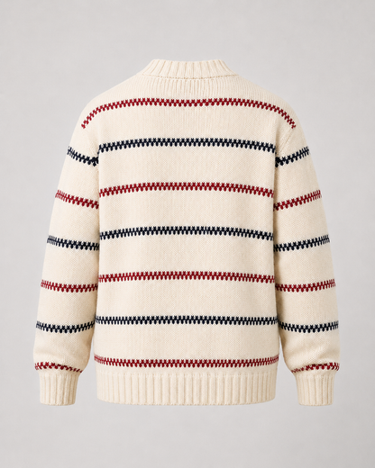 Back view of the striped crew neck sweater