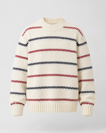 Detailed view of the crew neck and striped knit pattern