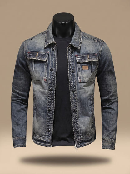 Men's vintage-washed denim trucker jacket shown from the front