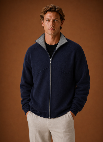 Men's full-zip knit cardigan sweater jacket shown from the front