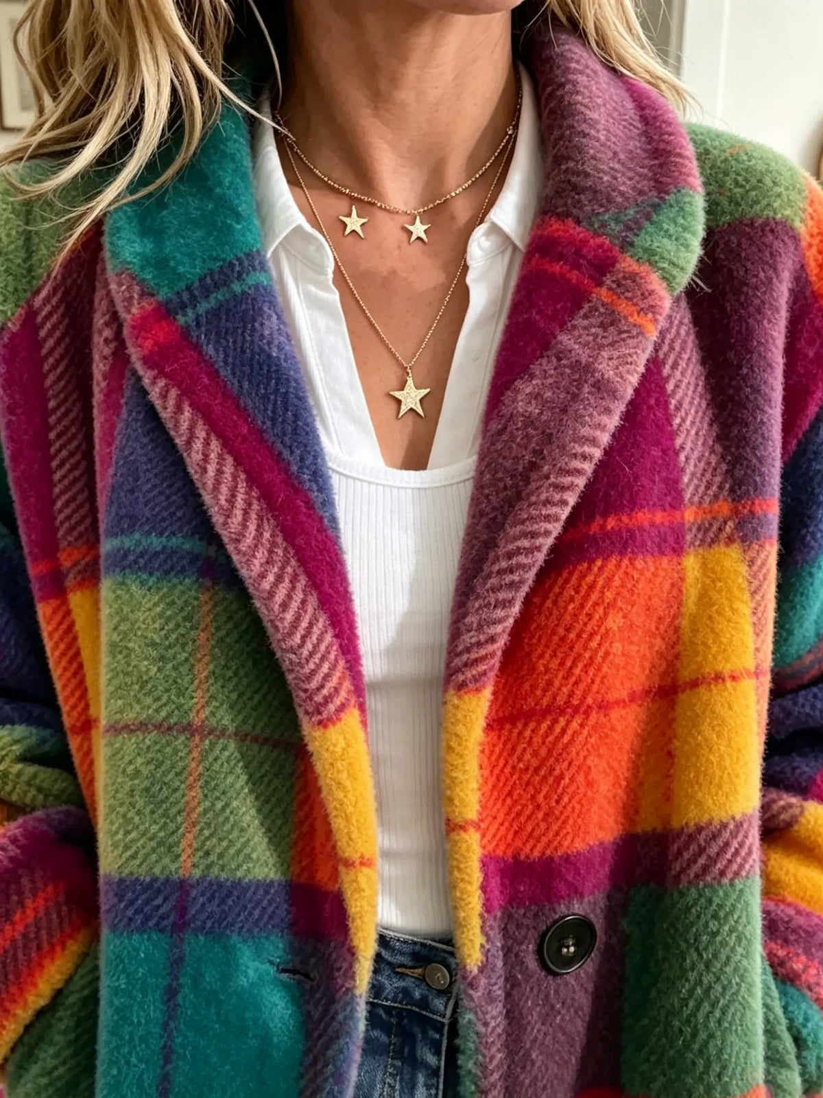 Damen Karomantel Oversized Wollmantel Reverskragen 2