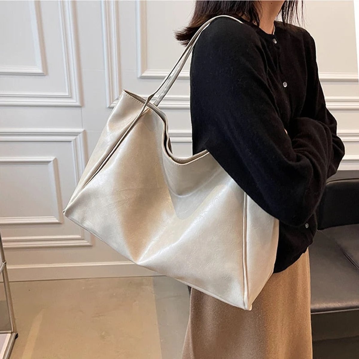 Retro PU-Leder Tote Bag Damen geräumige Schultertasche