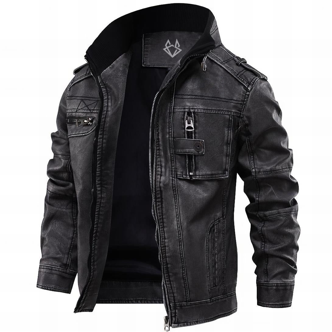 black leather jacket with zipper pockets