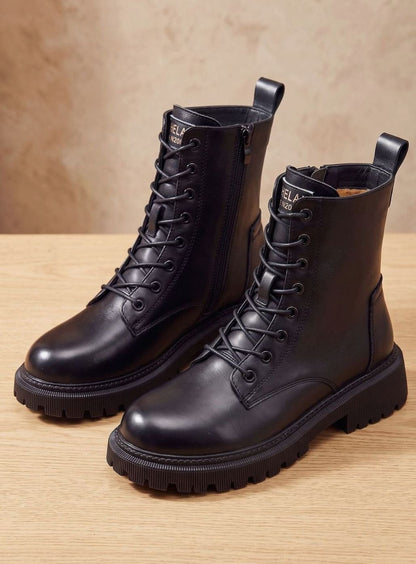 Stiefeletten Damen Gefütterte Schnür-Ankle-Boots PU-Leder Reißverschluss