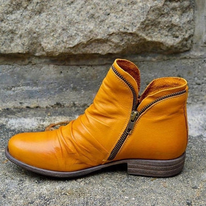 Stiefeletten Damen Reißverschluss Gefältelte Knöchelhohe Herbst Winterstiefel - Gelb