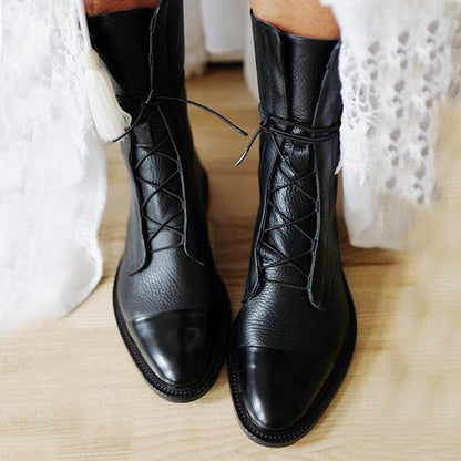 Stiefeletten Damen Vintage Schnürer Öko-Leder Knöchelboots - Schwarz