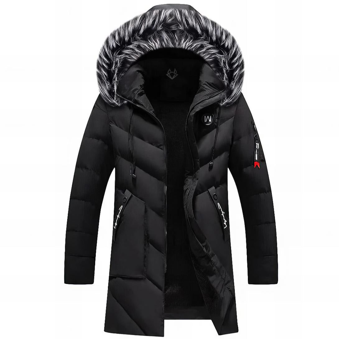 men's black winter parka with a faux-fur hood