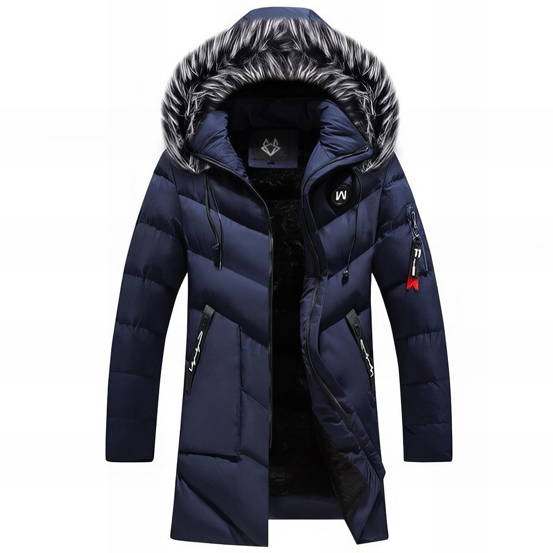 men's blue winter parka with a faux-fur hood