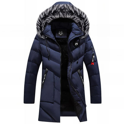 men's blue winter parka with a faux-fur hood
