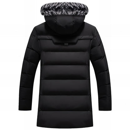 back side of a men's black winter parka with a faux-fur hood