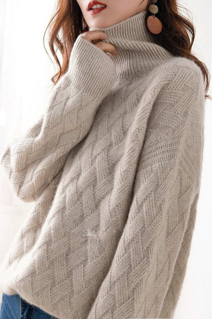 Strickpullover Damen Rollkragen Zopfmuster Kashmirweicher Oversized Pullover - Beige